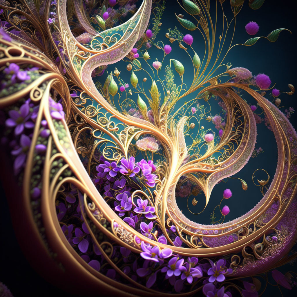 Intricate Digital Art: Gold Fractal Patterns with Floral Elements