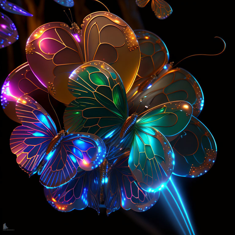 Colorful Neon Butterflies on Dark Background