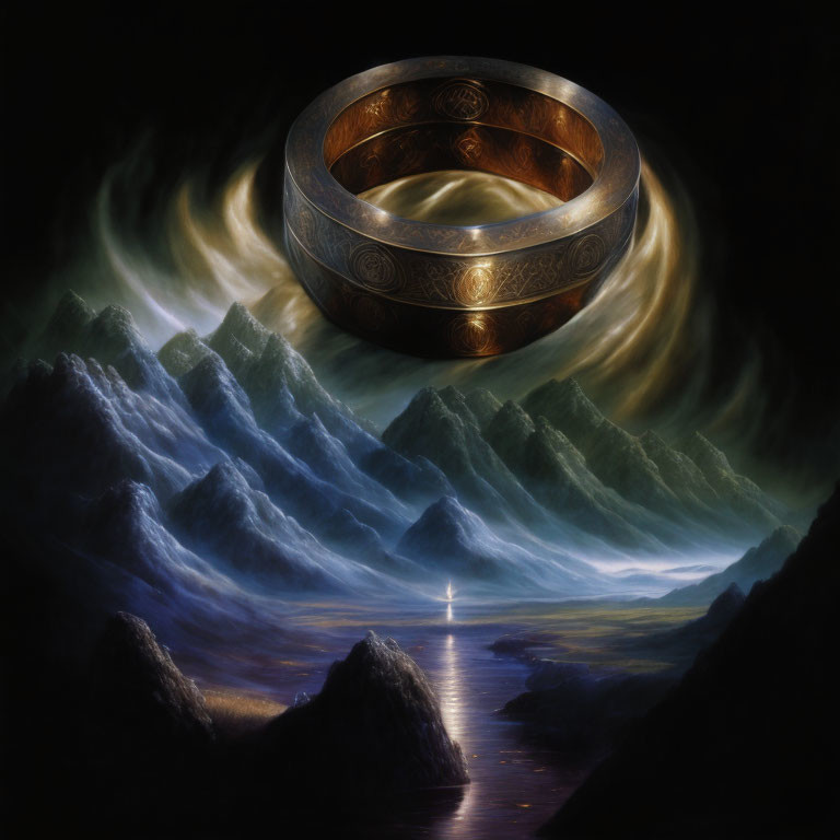 Ornate floating ring above mystical landscape with waves and glowing light