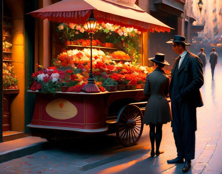 Couple beside vibrant flower cart on quaint, sunny street