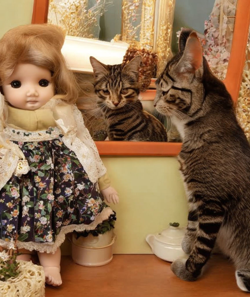 Doll in floral dress with striped cat and mirror