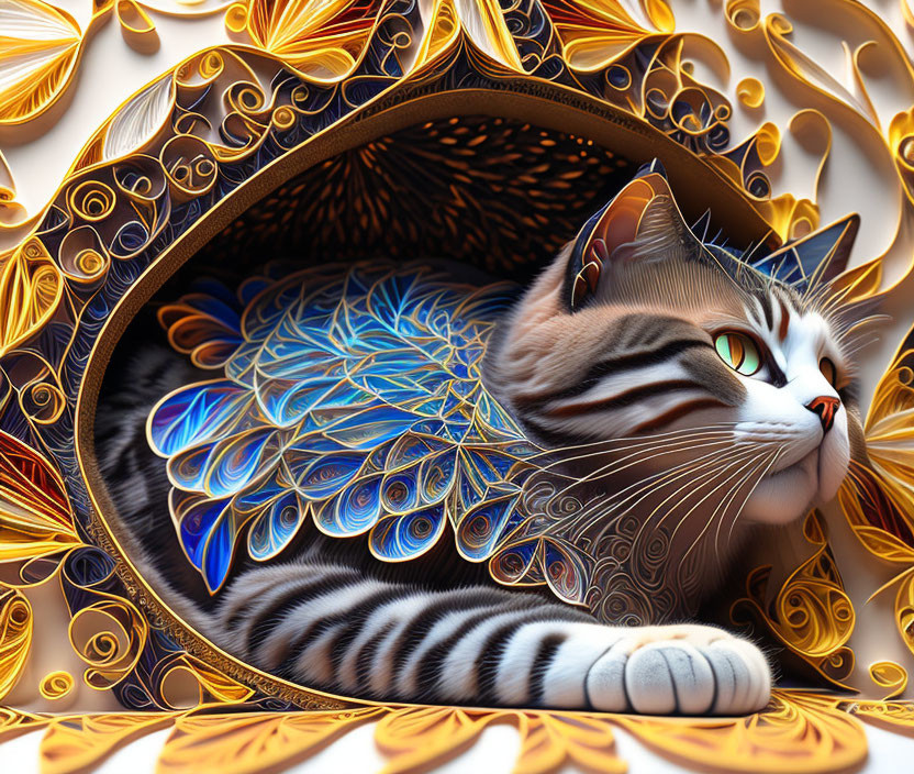 Realistic cat in golden and blue quilled paper cocoon