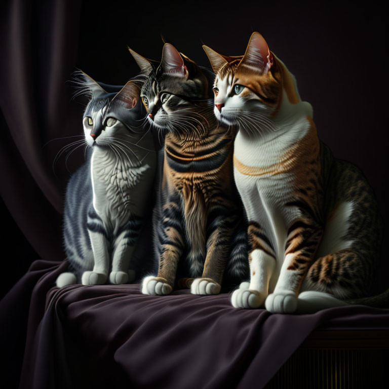 Three cats with striking fur patterns on draped cloth against dark background.