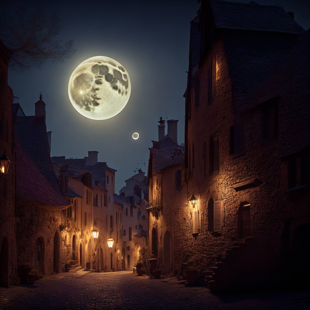 Vivid moon over dimly lit European street at night