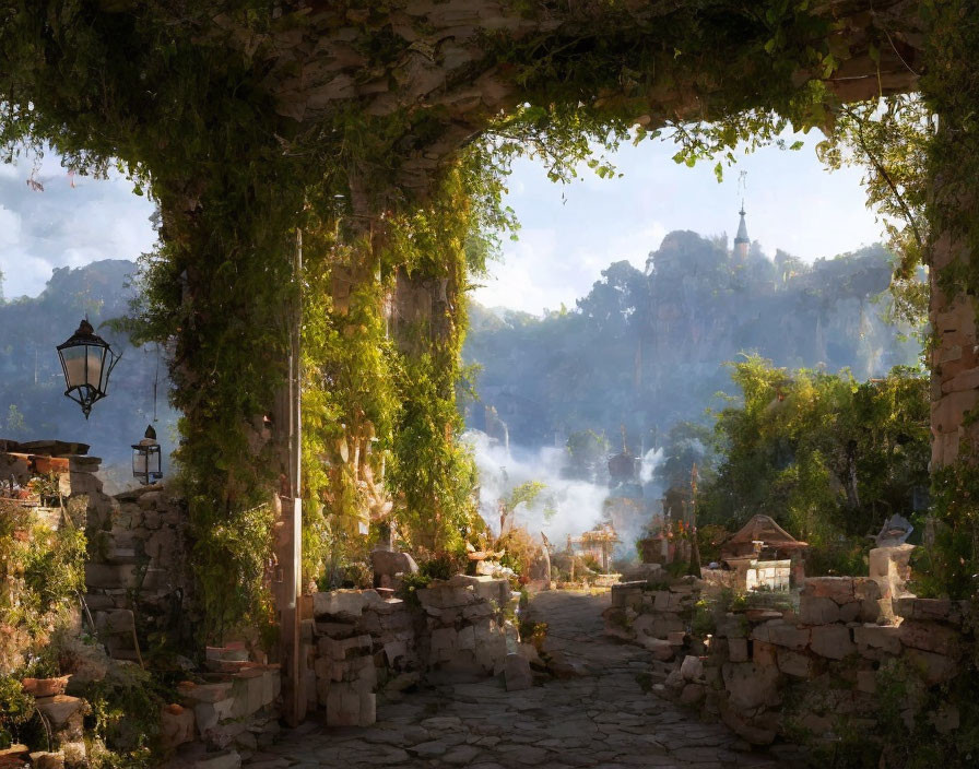 Stone Pathway under Vine-Covered Archway with Lantern in Mountainous Landscape