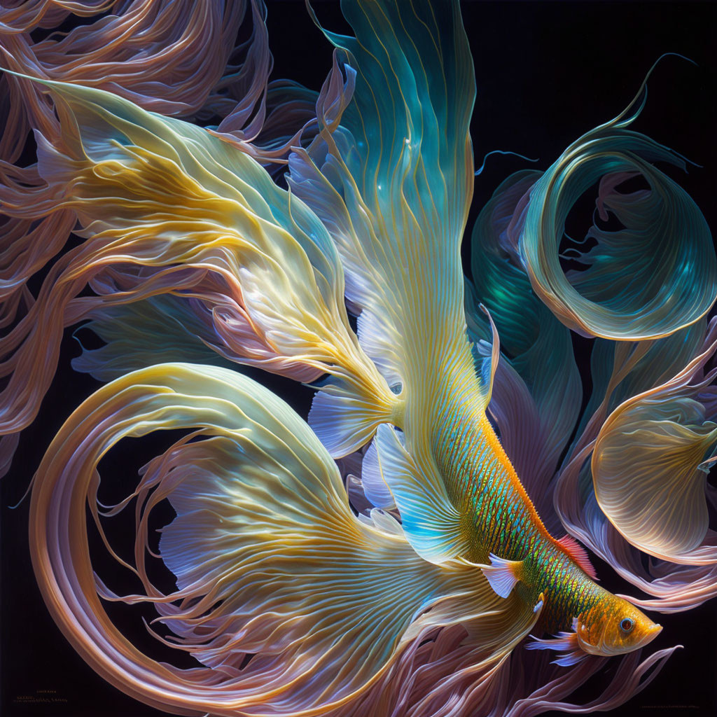 Colorful digital artwork: Goldfish with flowing fins on dark background