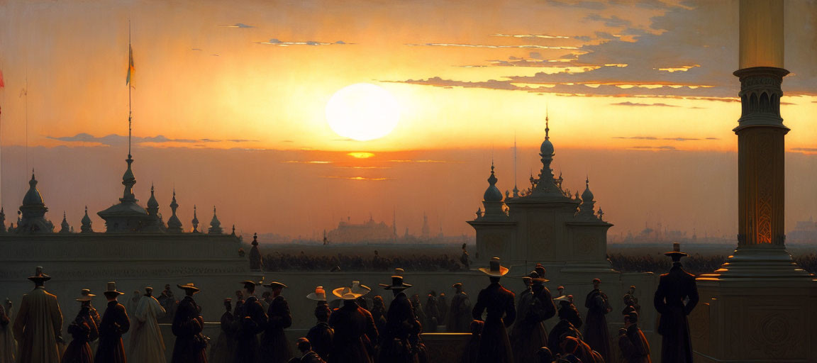 Crowd on ornate balcony at sunset with skyline and spires.