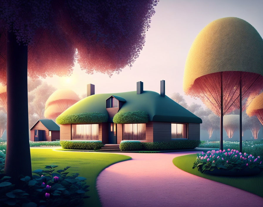 Colorful fantasy illustration: cozy homes, round roofs, whimsical trees, glowing sunset