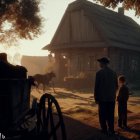 Family watching horse-drawn carriage near thatched-roof cottage at sunset