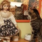 Doll in floral dress with striped cat and mirror