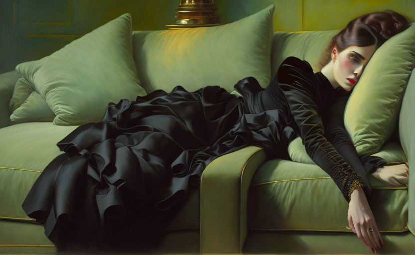 Elegant woman in black gown on green velvet sofa exudes dramatic sophistication