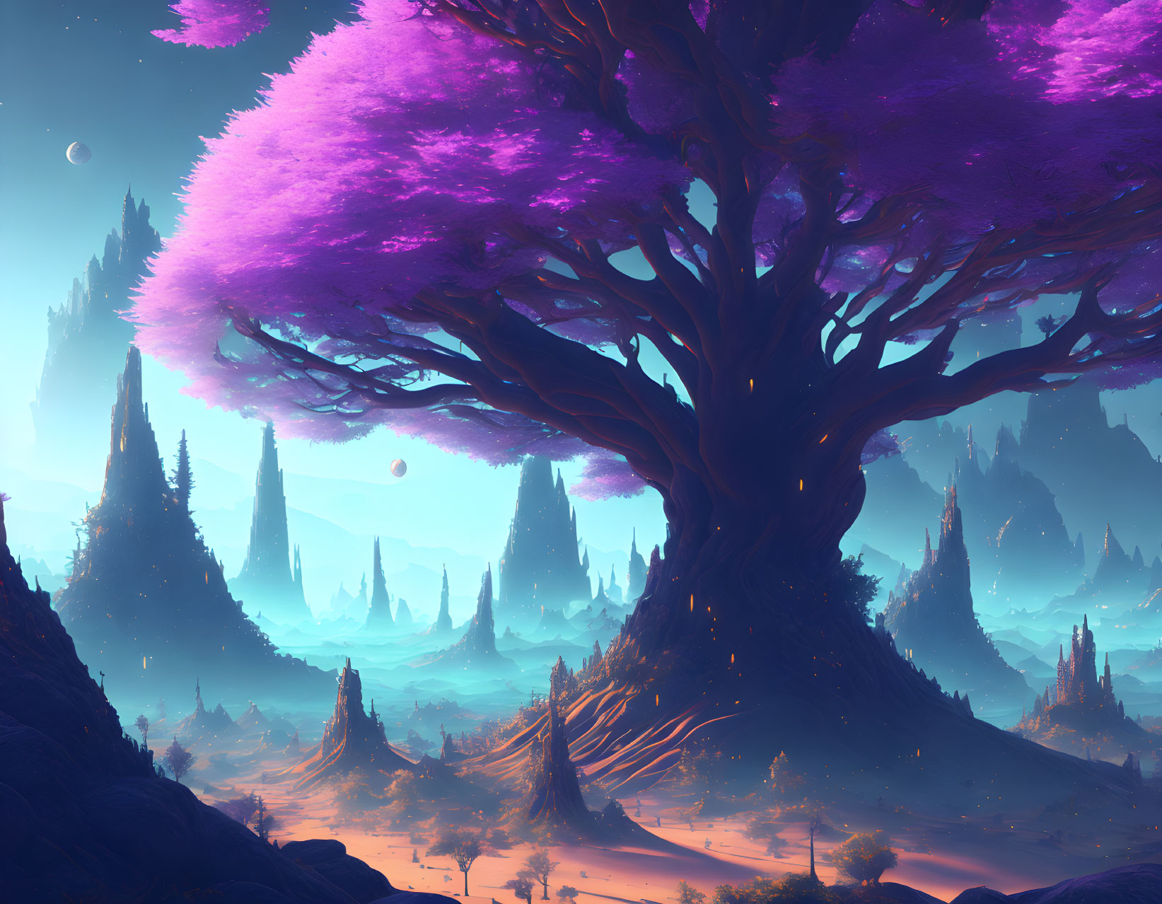 Majestic purple tree in fantastical alien landscape with towering rock formations