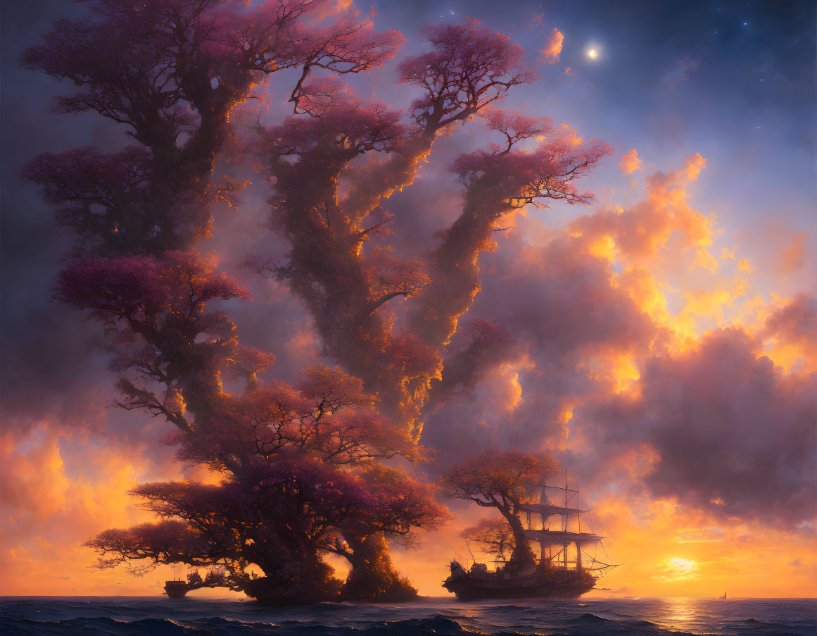 Fantasy scene: Rose-hued trees on floating island with fiery clouds and sailing ship at sunset