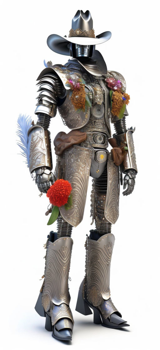 Futuristic robot cowboy with floral decorations and wide-brimmed hat