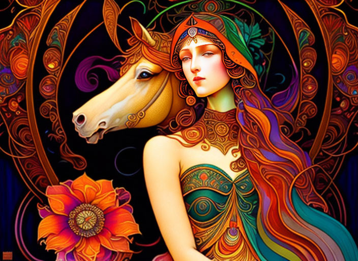 Stylized illustration of woman with flowing hair and golden horse against colorful mandala background