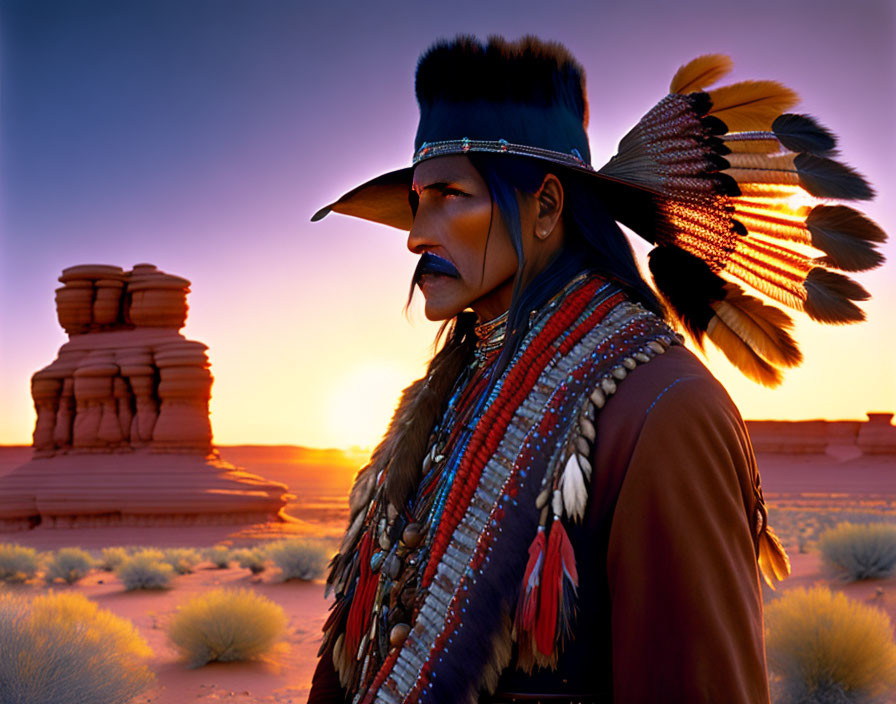 Native American person in traditional attire with feathered headdress at desert sunset.