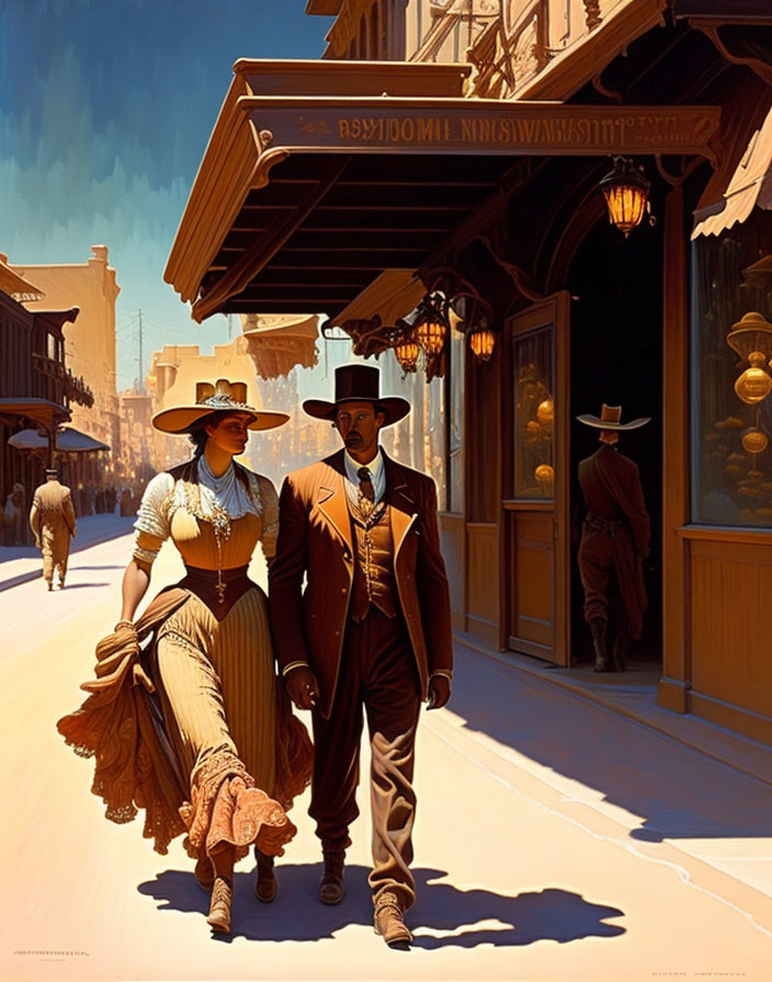 Late 19th Century Couple Strolling in Old Western Town