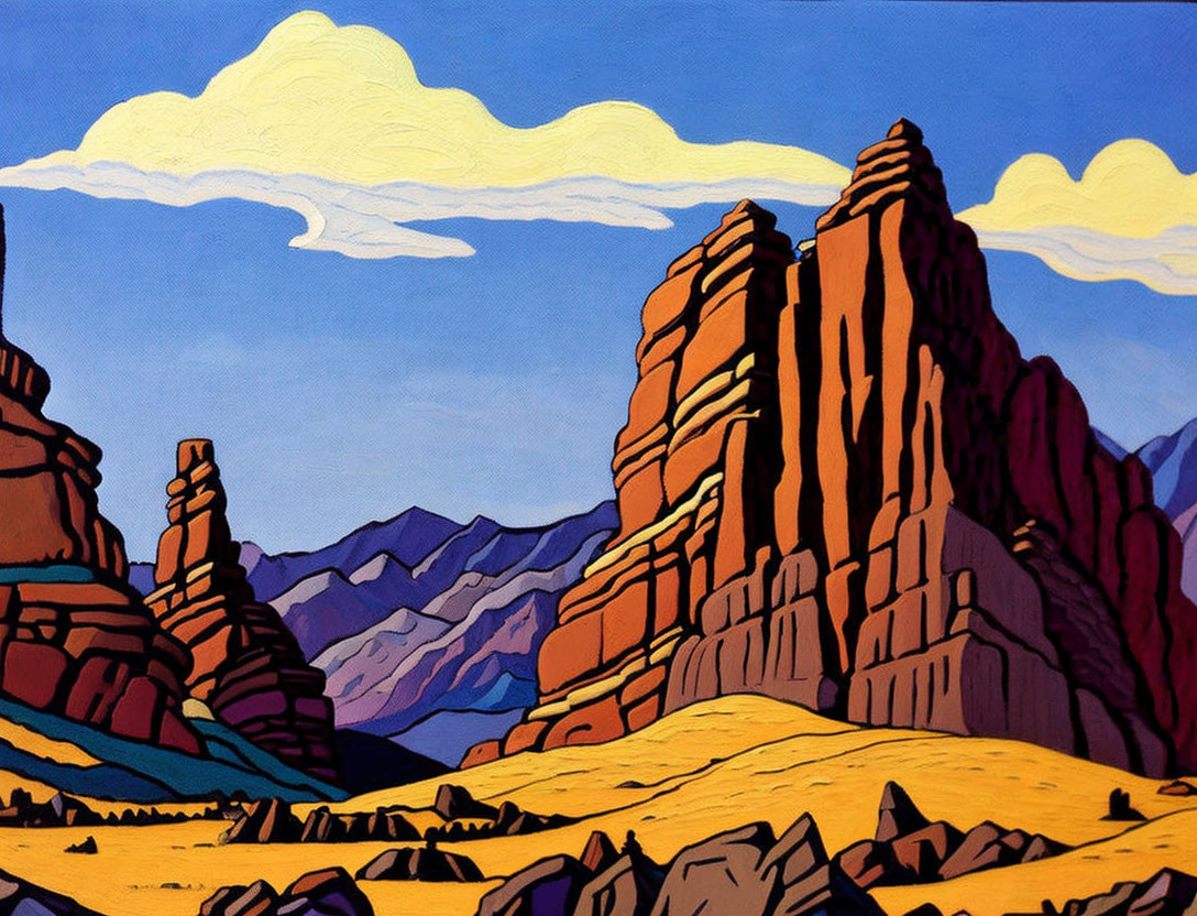 Stylized desert rock formations in rich brown tones with purple mountains and blue sky.