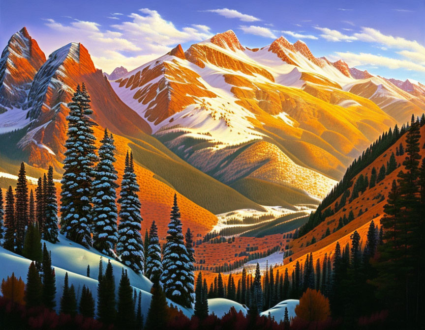 Scenic painting of sunset-lit mountain ranges and evergreen forests