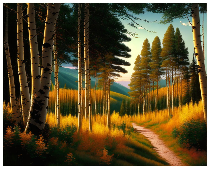 Tranquil forest path with birch and conifer trees in warm dusk light