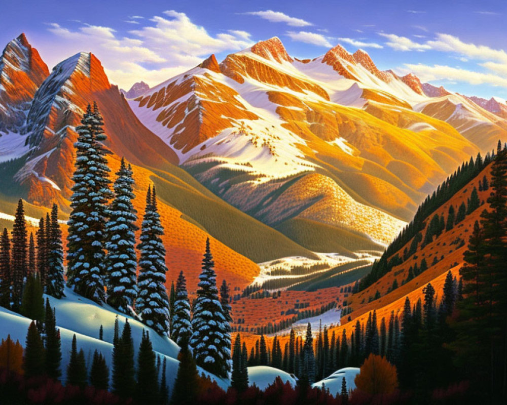 Scenic painting of sunset-lit mountain ranges and evergreen forests