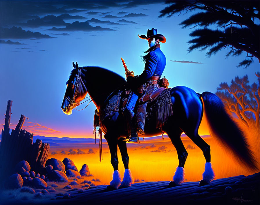 Cowboy on Horseback at Sunset with Vibrant Blue and Orange Hues