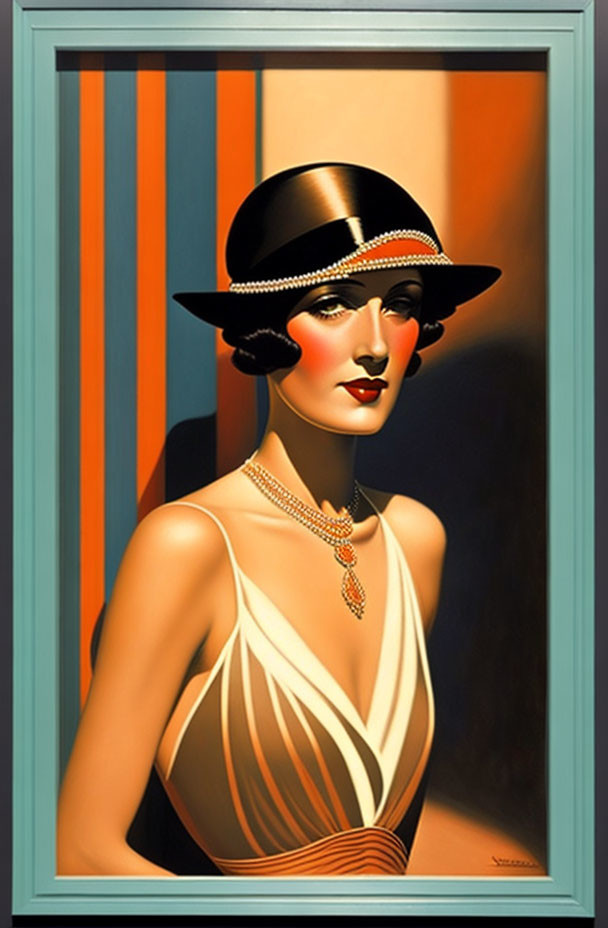 Vintage-inspired portrait of a woman in Art Deco style with cloche hat and pearl necklace, set