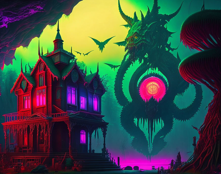 Digital artwork: Haunted house with eerie lighting, creatures, plants under night sky