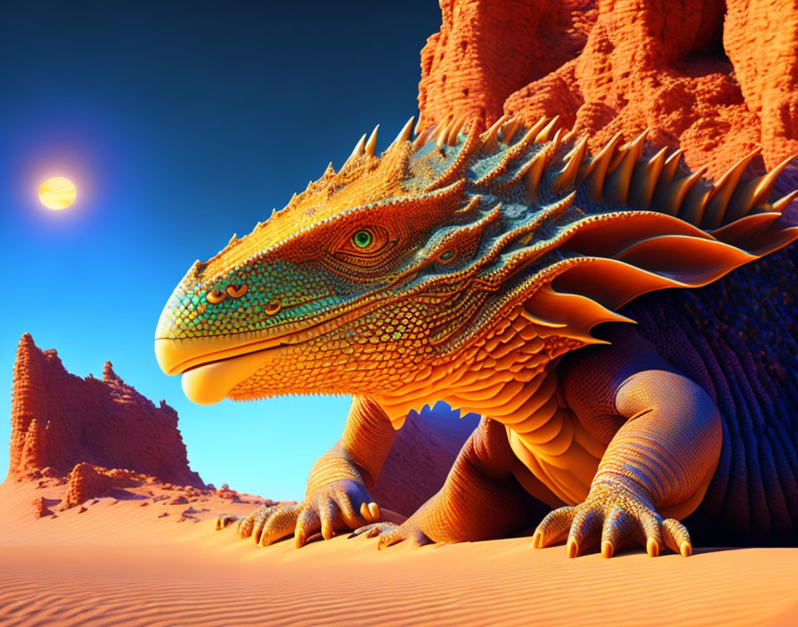 Colorful Dragon in Desert Landscape with Orange Sand and Blue Sky