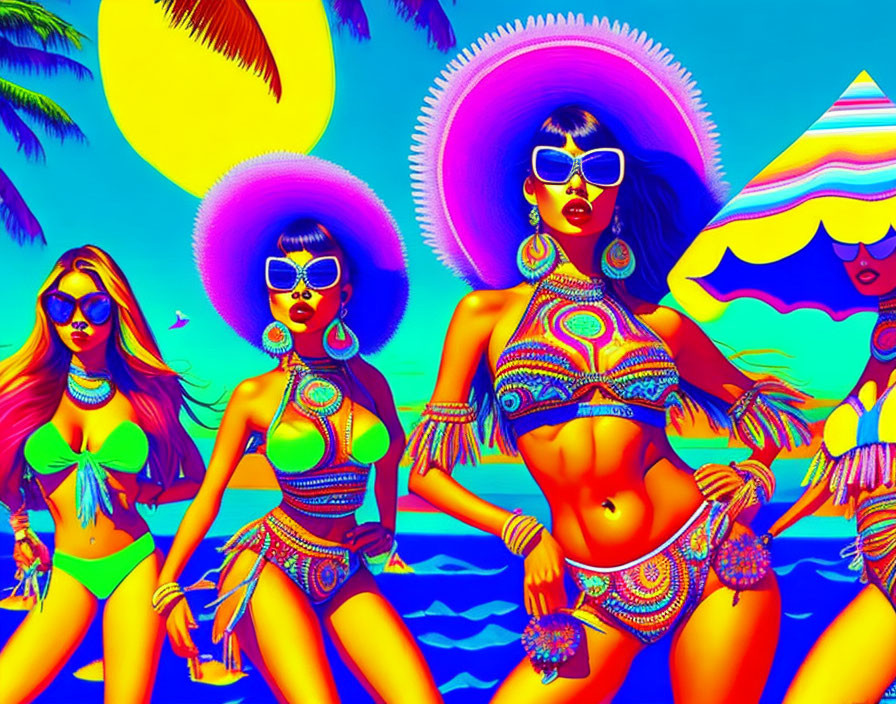 Colorful Artwork: Four Women in Swimwear on Tropical Beach