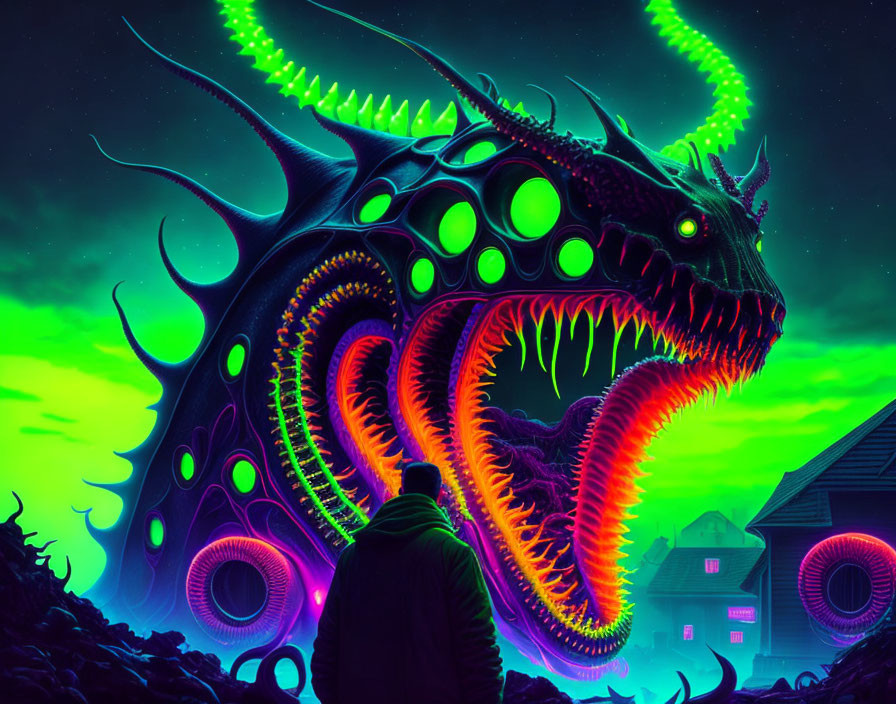 Giant neon dragon with glowing eyes and tentacles in vivid green night sky