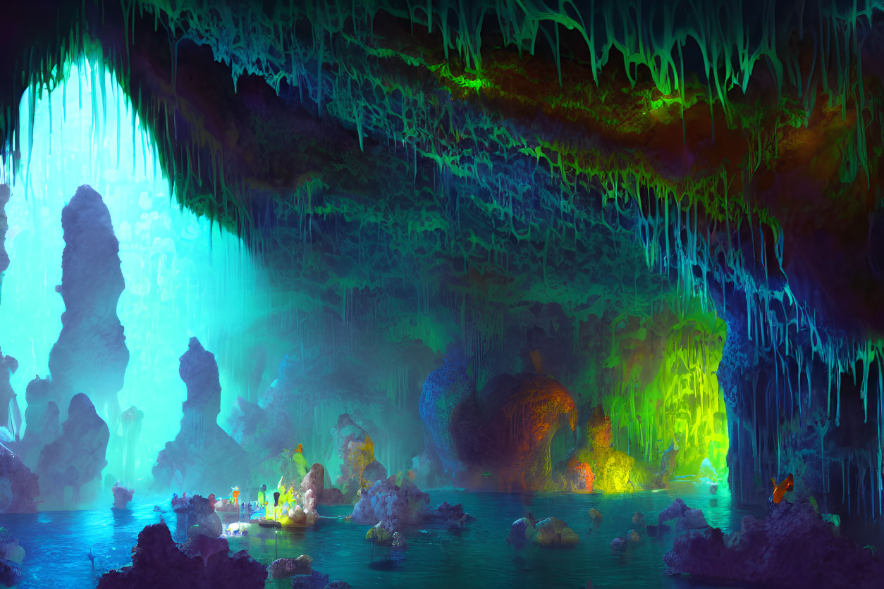 Ethereal cave with glowing lights, stalactites, and water