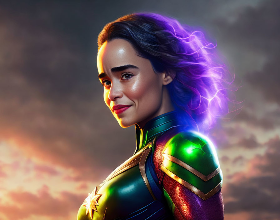 Superhero woman with glowing purple energy in dramatic sky