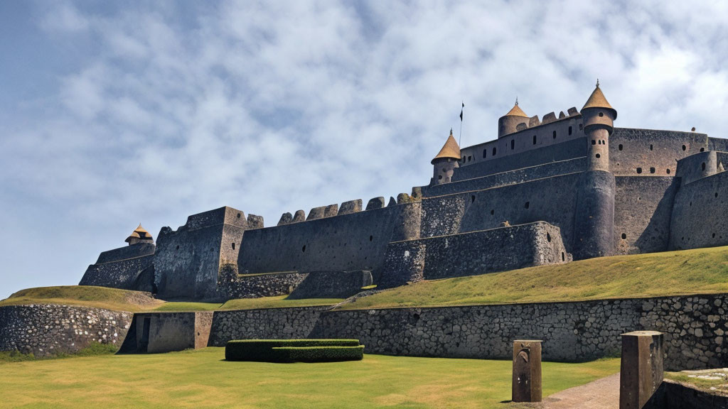 Stone castle with conical roofs on green lawn under blue sky