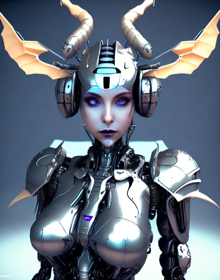Female android in metallic armor with horned helmet and purple eyes on grey backdrop