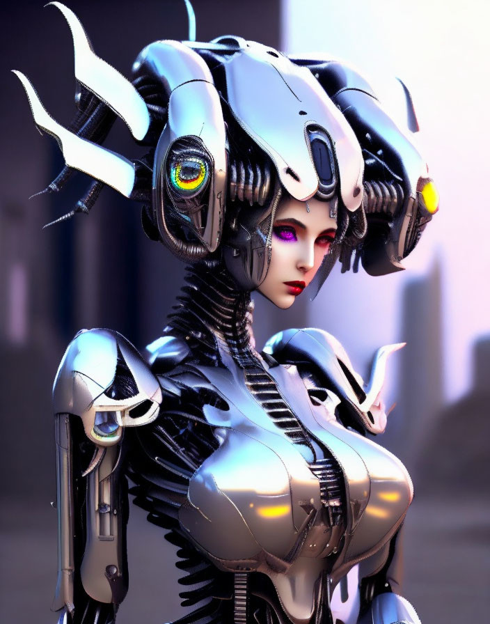 Futuristic female android in white and black armor with glowing eyes and horn-like head extensions.