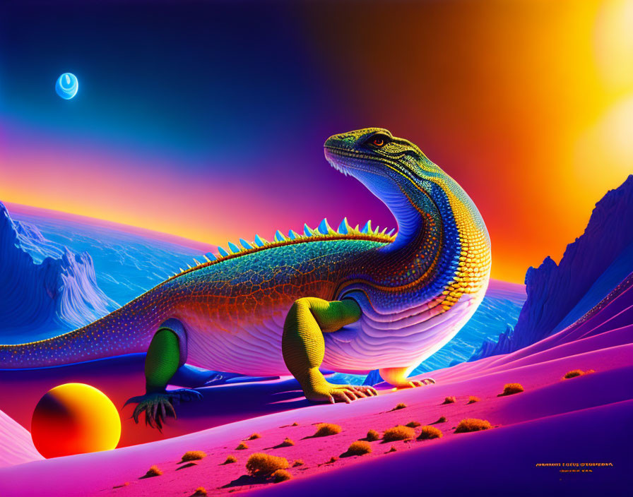 Colorful Stylized Dinosaur with Crescent Moon in Surreal Desert Landscape