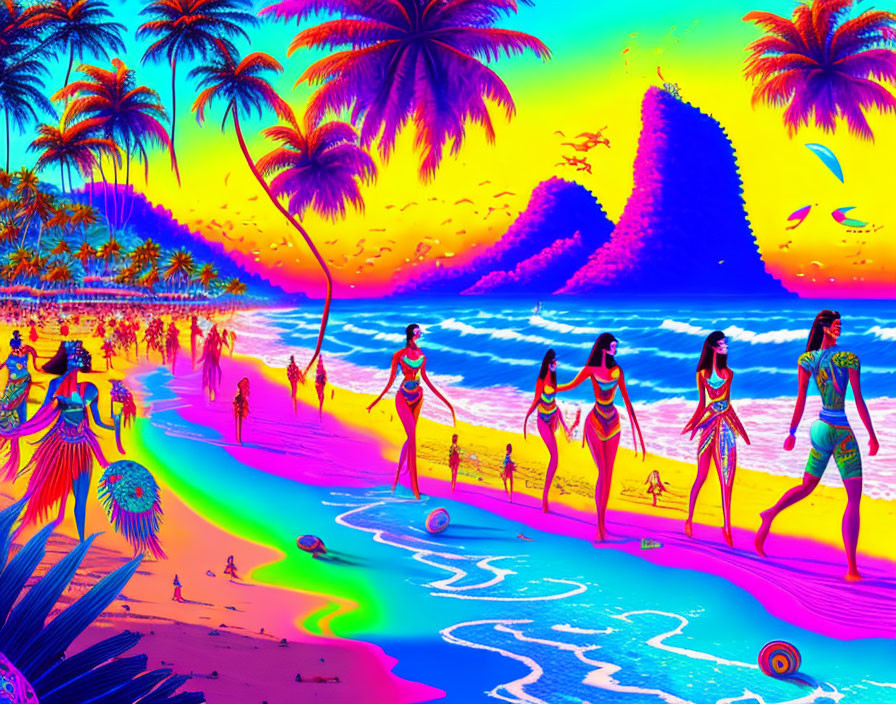 Neon-colored beach scene with people, palm trees, mountains