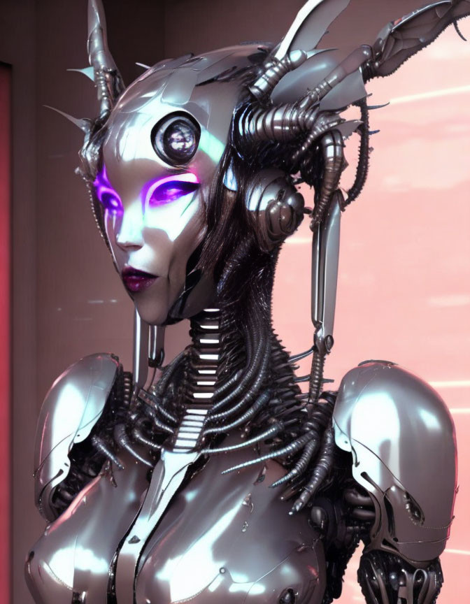 Futuristic robot with human-like face and purple eyes on pink background
