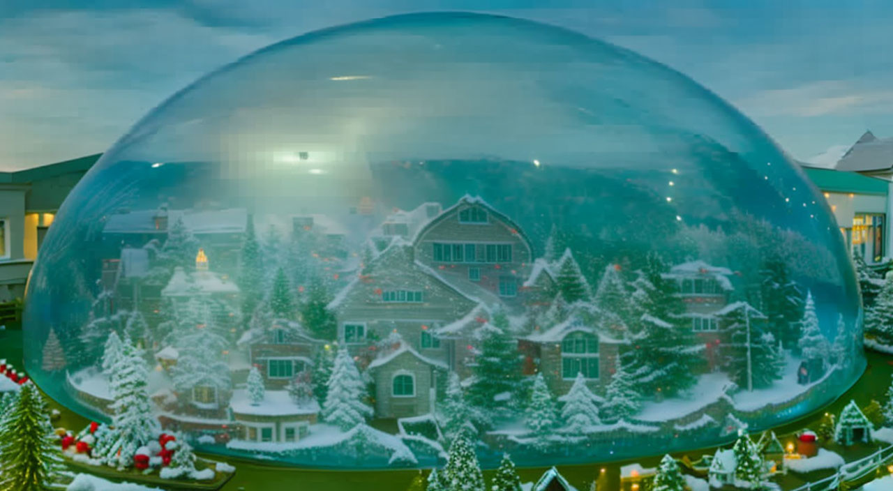 Transparent dome encloses winter village scene with snow-covered buildings and trees.