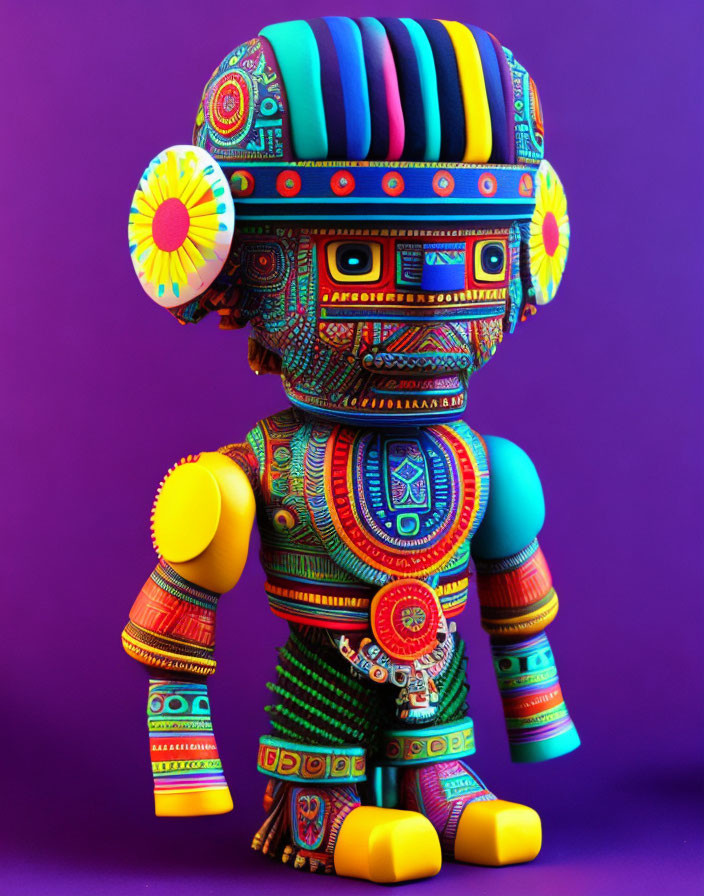 Colorful Toy Robot with Geometric Designs on Purple Background