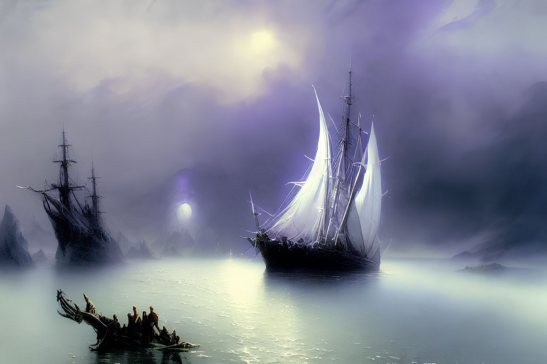 Ethereal ghost ships with glowing sails in misty waters