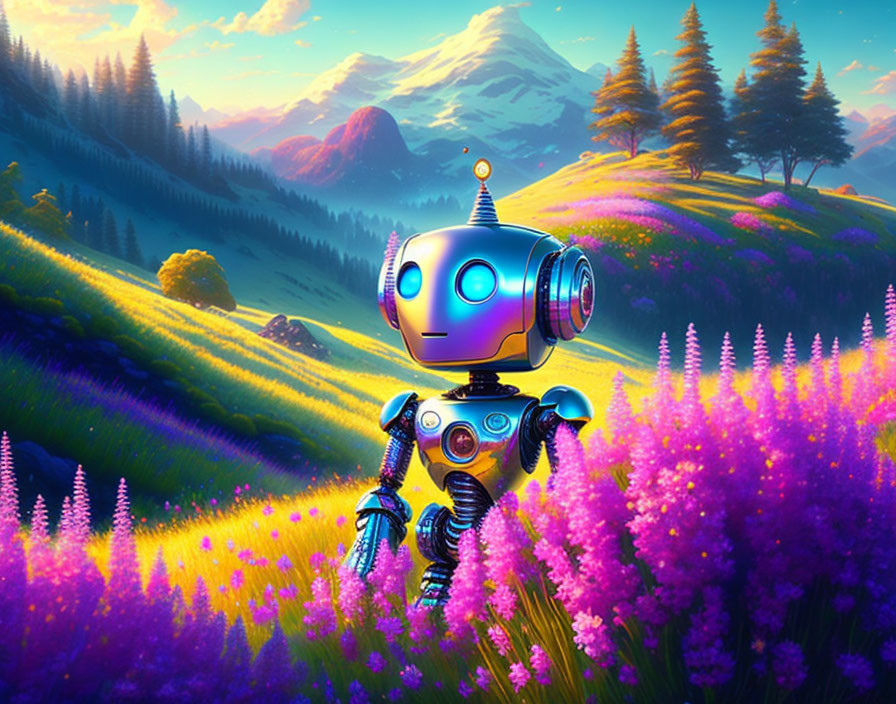 Futuristic robot with glowing blue face in vibrant purple flower field