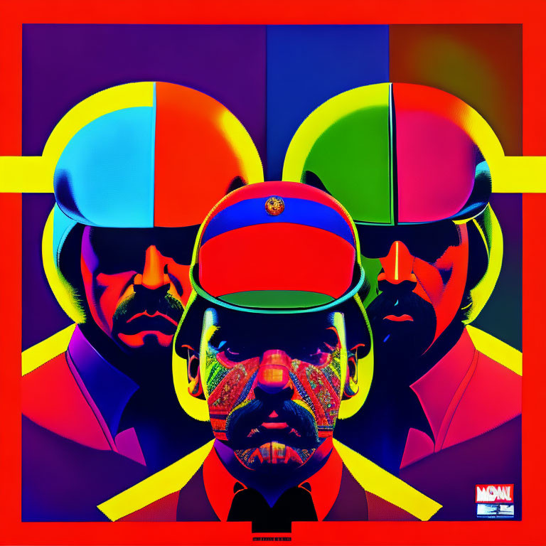 Abstract art: Three faces in militaristic caps on bold, geometric background