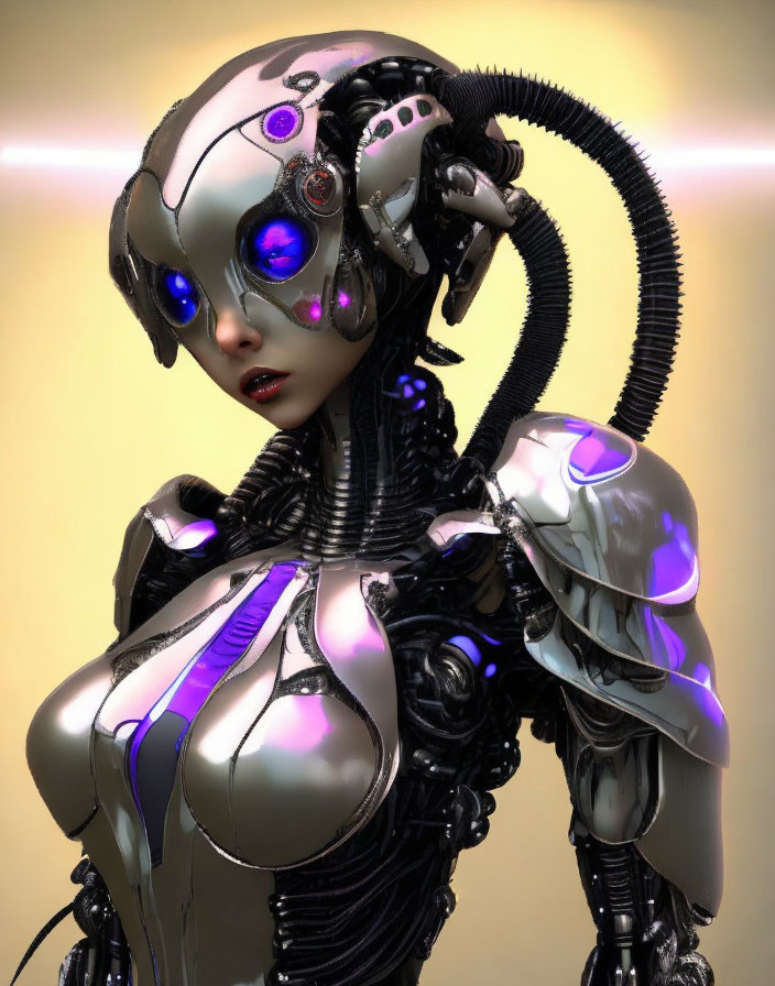 Detailed Female Humanoid Robot in Metallic Armor with Purple Accents