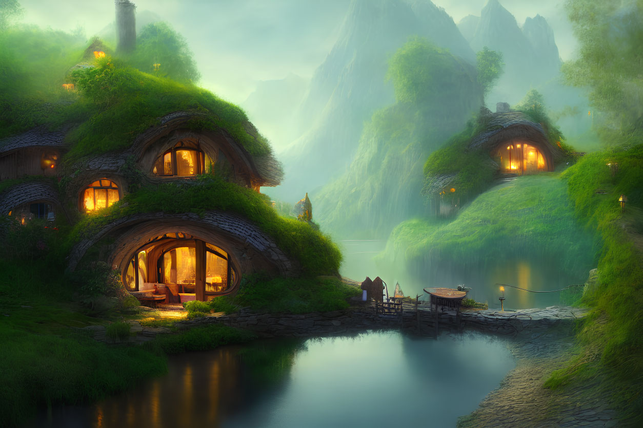 Twilight scene: cozy hobbit-like houses by tranquil lake