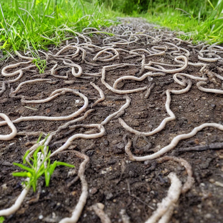 Earthworms wriggling on wet soil in green grass.