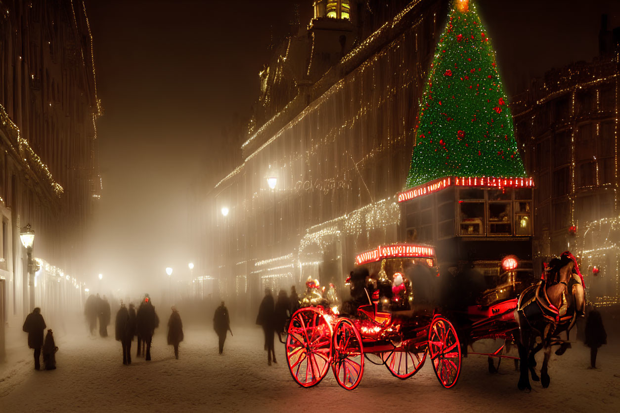 Snow-covered street with horse-drawn carriage, Christmas tree, and festive lights