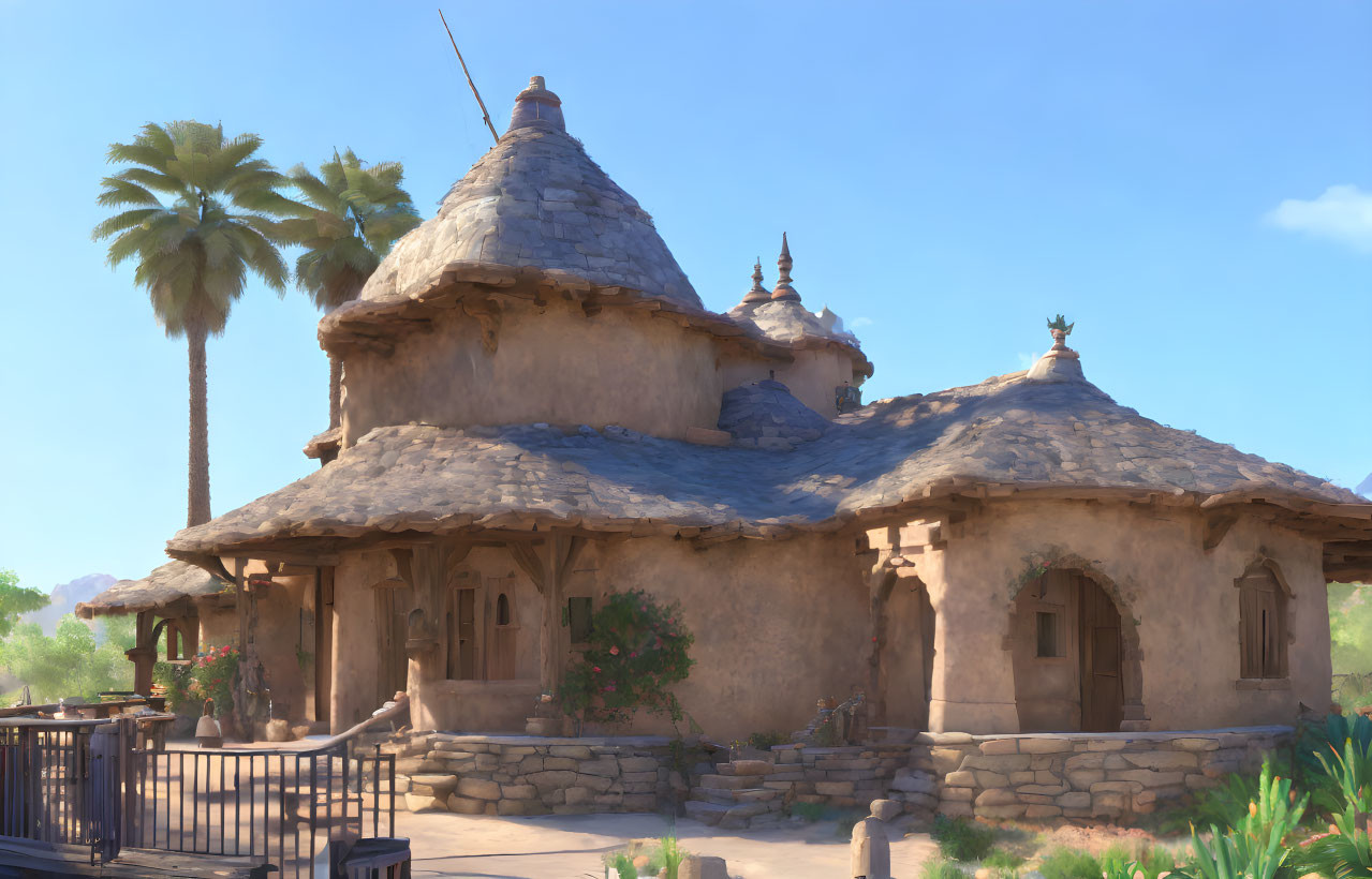 Traditional mud-brick homes in a tranquil desert village scene