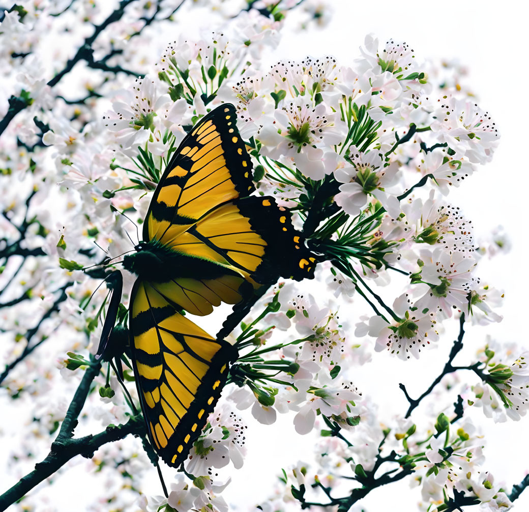 Yellow and Black Butterfly on Blooming White Flowers Under Overcast Sky